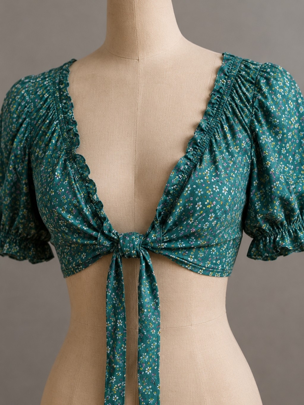 American Eagle Floral Tie Front Crop Top Puff Sleeve Green Boho Women’s Small